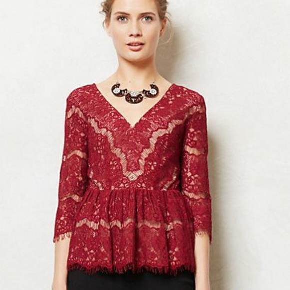 Anthropologie Maeve Red Needlelace Peplum Shirt - Picture 8 of 9